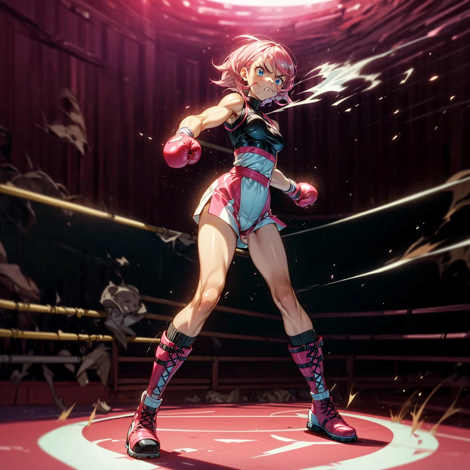 1girl, big muscle, Full body version, 1character, blue eyes, short haircut, pink color hair, boxing style outfit, Boots, Grassroots, full background in ring boxing, motion blur, light, (Hunter x Hunter style art), standing gesture, Boxing gloves, smoke effect, fire effect, angry, angry eyes, fire on background, high angle view 