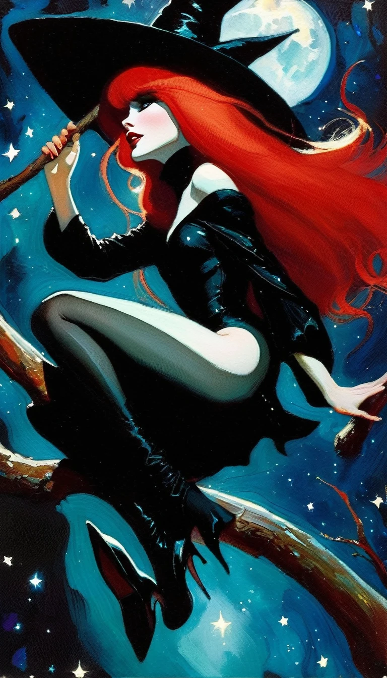 ((🧙♀️)), (black hat), {witch sitting on a high tree branch}, very long red hair, sexy, , ((from below)), magic, fantastic, night sky, moon , stars, background, Alice in Wonderland, alone, very beautiful, cute, adorable, embarrassed, alone, Glowify (simple oil painting in the style of Bill Sienkiewicz)