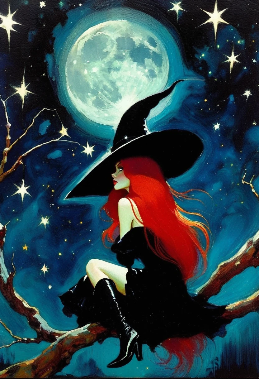 ((🧙♀️)), (black hat), {witch sitting on a high tree branch}, very long red hair, sexy, , ((from below)), magic, fantastic, night sky, moon , stars, background, Alice in Wonderland, alone, very beautiful, cute, adorable, embarrassed, alone, Glowify (simple oil painting in the style of Bill Sienkiewicz)