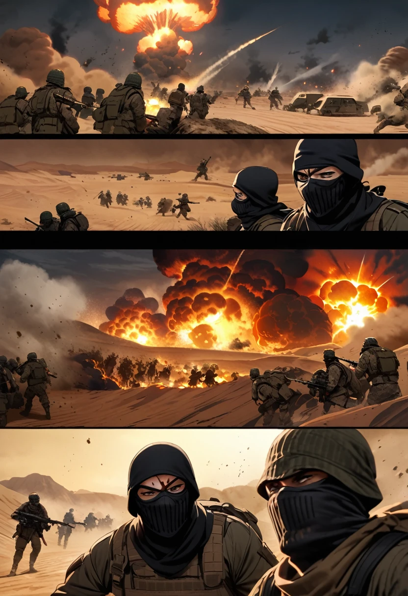Terrorists, black balaclava, war, desert, night, blood, sandstorm, chaos, nuclear explosion