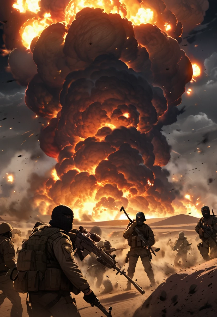  Terrorists, black balaclava, war, desert, night, blood, sandstorm, chaos, nuclear explosion 