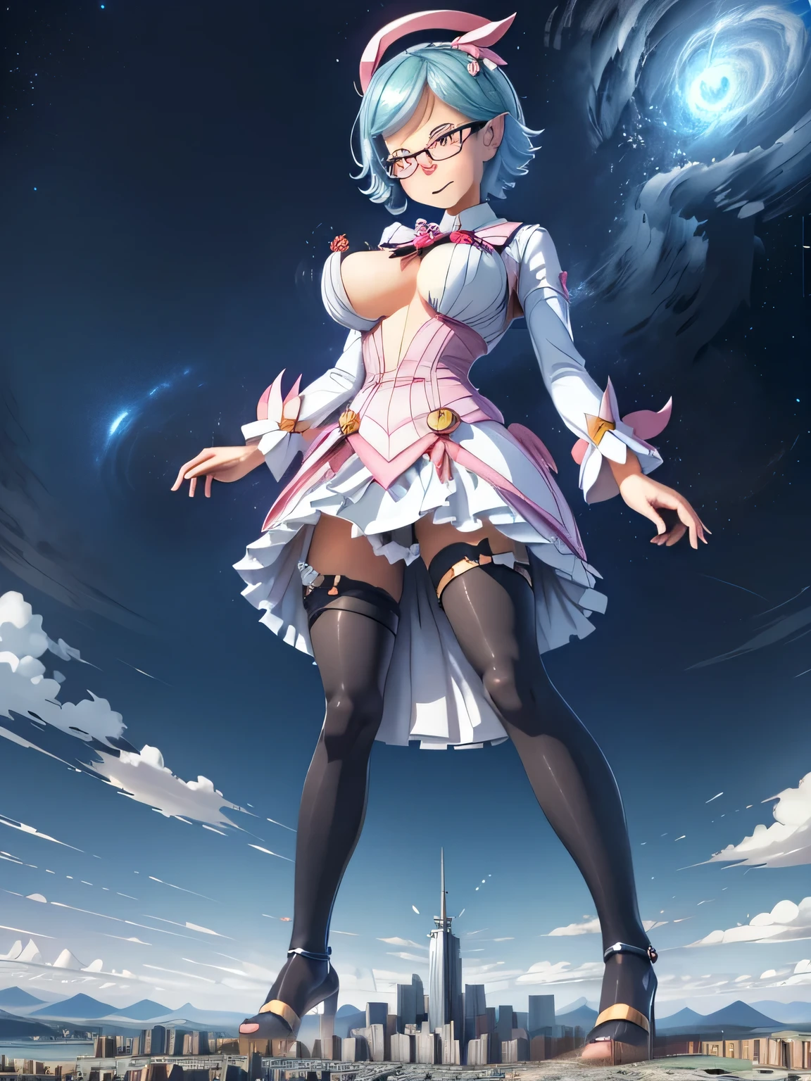 multiple girls, giantess art, highly detailed giantess shots, giantess, most detailed, perfect face, Two legs, Five fingers, short hair, A beautiful girl who is bigger than a skyscraper, Wearing rimless glasses, smile, huge breasts, blue base magical girl dress, bow, magical girl, holding a magical wand, black pantyhose, blue stiletto heels, thunderbolt from a magical wand, seaside metropolis, numerous miniature warships on the sea, Destroying cities, Under heavy attack, A very small big city, Miniature metropolis, Full body description, GTS, giga giantess, stomping city, crash city, tiny city, micro city, pantyhose feet, High resolution, highest quality, masterpiece, 