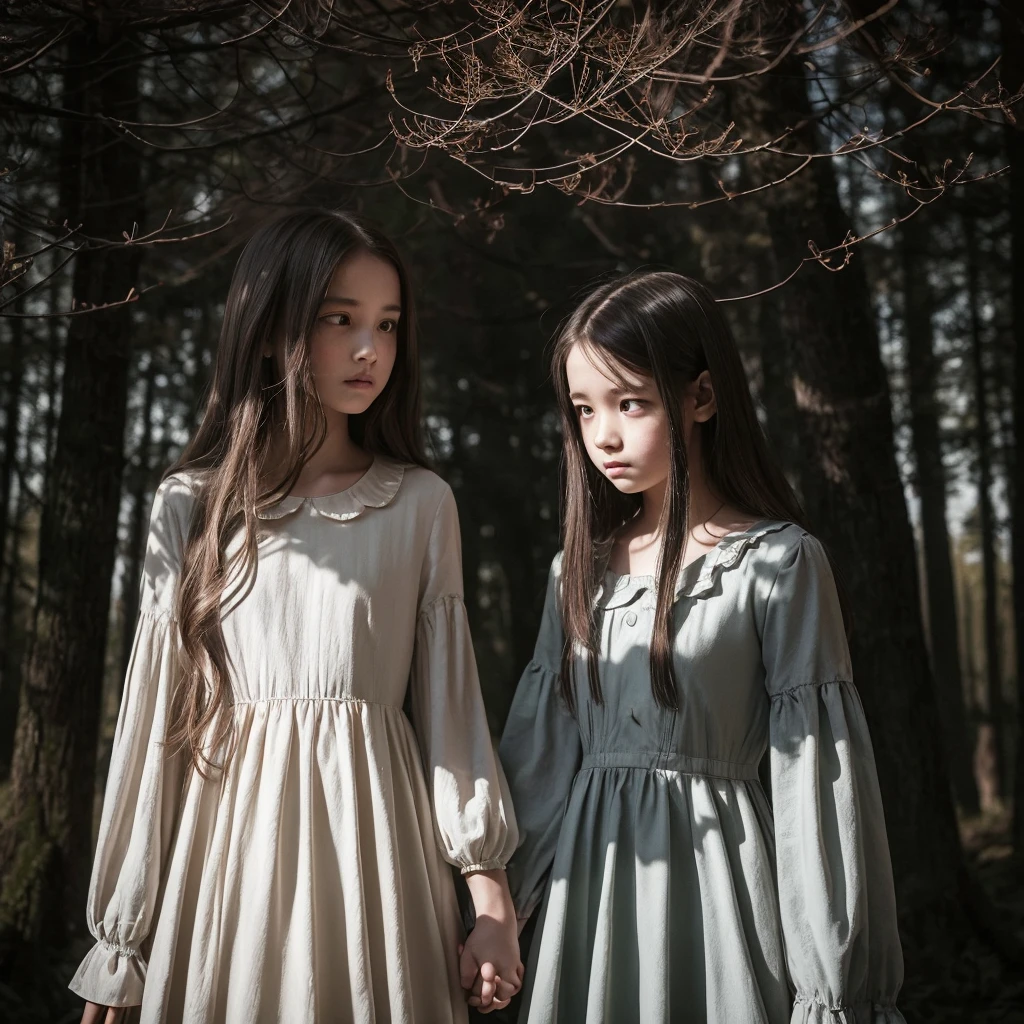 Main Theme: Two girls standing side by side, holding hands, in a dark, eerie forest.
• Details:
• Girls: The girls are wearing old-fashioned, white dresses that appear slightly worn and tattered. They have long, flowing hair that falls over their shoulders. Their expressions are innocent, with subtle, unnerving smiles. Their eyes are large and reflective, giving off an eerie glow.
• Forest: The background is a dense, dark forest with twisted trees and overgrown vegetation. The trees are gnarled, with branches that resemble skeletal fingers reaching out.
• Hidden Elements:
• Shadows and Shapes: The shadows cast by the trees and the girls themselves should form hidden faces and sinister figures when looked at closely. For example, the shadows of the branches could form a grotesque face or the silhouette of a monstrous creature.
• Girls’ Hair and Dresses: The flowing hair and the creases in the girls’ dresses should subtly incorporate hidden imagery. Faces or skeletal forms could be suggested within the patterns of the hair and fabric folds.
• Background Details: In the background, among the trees and bushes, there should be hidden eyes or ghostly figures that are not immediately noticeable. These should be designed to appear only when the image is carefully examined.
• Ground and Surroundings: The ground should have subtle patterns and textures that, on closer inspection, reveal symbols or shapes that add to the eerie atmosphere. Grass and leaves can be arranged to suggest hidden creatures or symbols.
• Color Scheme: Primarily monochromatic or dark tones, with accents of red or orange to highlight the eerie elements. The lighting should be dim and create deep shadows to enhance the horror theme.
• Atmosphere: The overall mood should be dark, foreboding, and unsettling. The image should evoke a sense of tension and unease, with a lingering feeling that something sinister is hidden just out of sight.