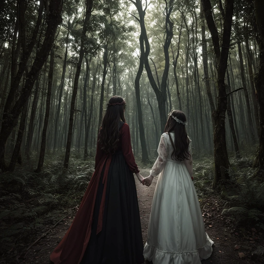 Main Theme: Two girls standing side by side, holding hands, in a dark, eerie forest.
	•	Details:
	•	Girls: The girls are wearing old-fashioned, white dresses that appear slightly worn and tattered. They have long, flowing hair that falls over their shoulders. Their expressions are innocent, with subtle, unnerving smiles. Their eyes are large and reflective, giving off an eerie glow.
	•	Forest: The background is a dense, dark forest with twisted trees and overgrown vegetation. The trees are gnarled, with branches that resemble skeletal fingers reaching out.
	•	Hidden Elements:
	•	Shadows and Shapes: The shadows cast by the trees and the girls themselves should form hidden faces and sinister figures when looked at closely. For example, the shadows of the branches could form a grotesque face or the silhouette of a monstrous creature.
	•	Girls’ Hair and Dresses: The flowing hair and the creases in the girls’ dresses should subtly incorporate hidden imagery. Faces or skeletal forms could be suggested within the patterns of the hair and fabric folds.
	•	Background Details: In the background, among the trees and bushes, there should be hidden eyes or ghostly figures that are not immediately noticeable. These should be designed to appear only when the image is carefully examined.
	•	Ground and Surroundings: The ground should have subtle patterns and textures that, on closer inspection, reveal symbols or shapes that add to the eerie atmosphere. Grass and leaves can be arranged to suggest hidden creatures or symbols.
	•	Color Scheme: Primarily monochromatic or dark tones, with accents of red or orange to highlight the eerie elements. The lighting should be dim and create deep shadows to enhance the horror theme.
	•	Atmosphere: The overall mood should be dark, foreboding, and unsettling. The image should evoke a sense of tension and unease, with a lingering feeling that something sinister is hidden just out of sight.