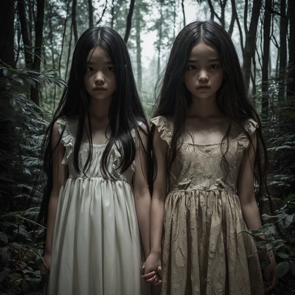 Main Theme: Two girls standing side by side, holding hands, in a dark, eerie forest.
• Details:
• Girls: The girls are wearing old-fashioned, white dresses that appear slightly worn and tattered. They have long, flowing hair that falls over their shoulders. Their expressions are innocent, with subtle, unnerving smiles. Their eyes are large and reflective, giving off an eerie glow.
• Forest: The background is a dense, dark forest with twisted trees and overgrown vegetation. The trees are gnarled, with branches that resemble skeletal fingers reaching out.
• Hidden Elements:
• Shadows and Shapes: The shadows cast by the trees and the girls themselves should form hidden faces and sinister figures when looked at closely. For example, the shadows of the branches could form a grotesque face or the silhouette of a monstrous creature.
• Girls’ Hair and Dresses: The flowing hair and the creases in the girls’ dresses should subtly incorporate hidden imagery. Faces or skeletal forms could be suggested within the patterns of the hair and fabric folds.
• Background Details: In the background, among the trees and bushes, there should be hidden eyes or ghostly figures that are not immediately noticeable. These should be designed to appear only when the image is carefully examined.
• Ground and Surroundings: The ground should have subtle patterns and textures that, on closer inspection, reveal symbols or shapes that add to the eerie atmosphere. Grass and leaves can be arranged to suggest hidden creatures or symbols.
• Color Scheme: Primarily monochromatic or dark tones, with accents of red or orange to highlight the eerie elements. The lighting should be dim and create deep shadows to enhance the horror theme.
• Atmosphere: The overall mood should be dark, foreboding, and unsettling. The image should evoke a sense of tension and unease, with a lingering feeling that something sinister is hidden just out of sight.