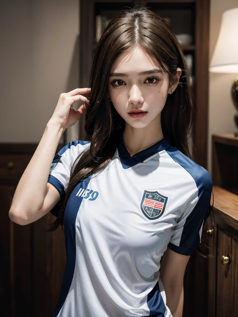 (full body shot:1.2), absurdres, RAW photo, extremely delicate and beautiful, masterpiece, Best Quality, ultra high resolution, 32k, hyperrealistic, ultra-detailed, perfect anatomy, anatomically correct, perfect figure, Perfect Style, Perfect balance, super Detailed skin, in her 30s, very Slim body, narrow waist, very small head, very small face, delicate facial features, tearful mole, earring, very huge round tits, medium hair, dark blonde hair, asymmetrical hair, indoor, (soccer uniform Jersey:1.2),