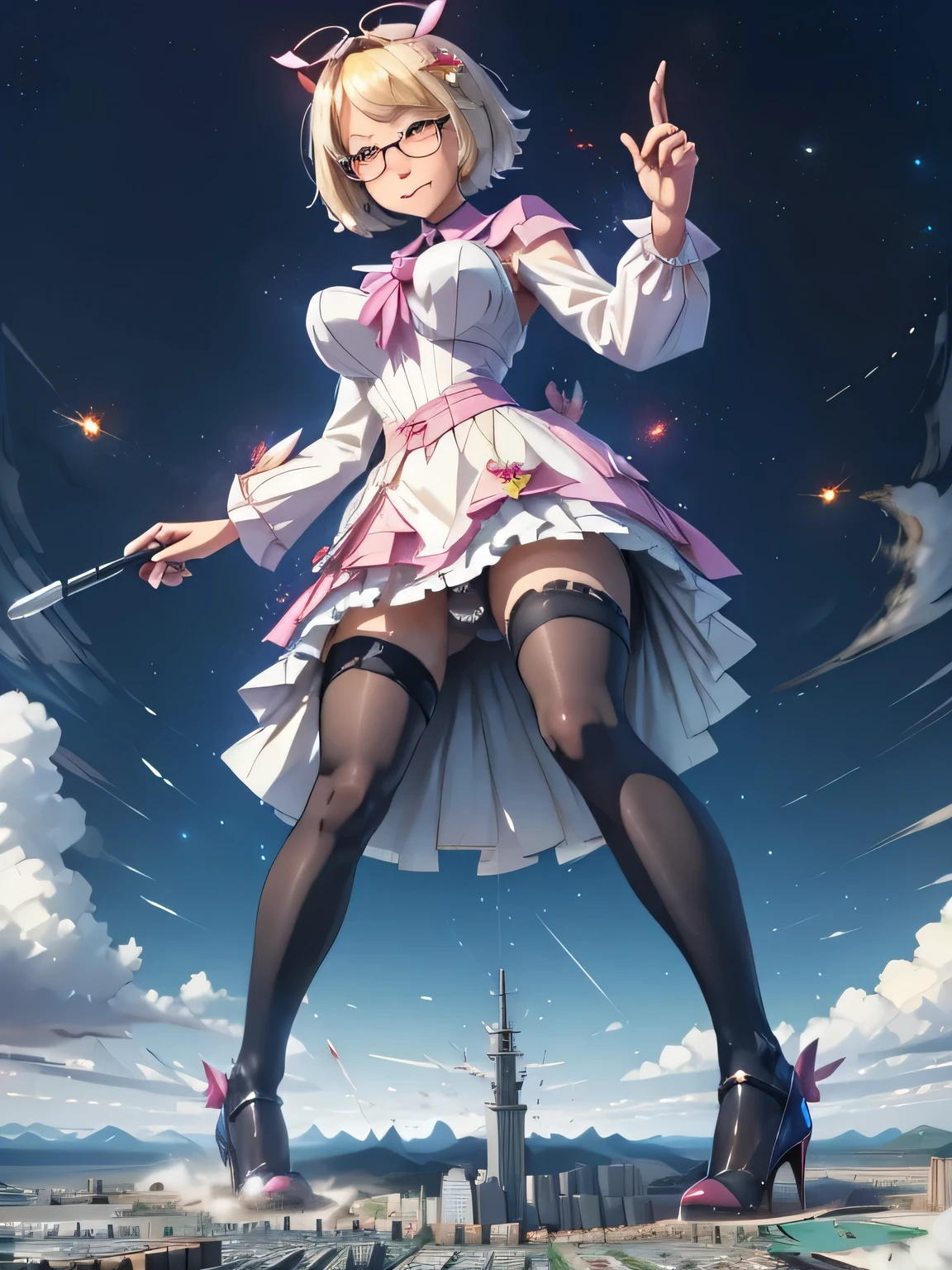 multiple girls, giantess art, highly detailed giantess shots, giantess, most detailed, perfect face, Two legs, Five fingers, short hair, A beautiful girl who is bigger than a skyscraper, Wearing rimless glasses, smile, huge breasts, blue base magical girl dress, bow, magical girl, holding a magical wand, black pantyhose, blue stiletto heels, thunderbolt from a magical wand, seaside metropolis, numerous miniature warships on the sea, Destroying cities, Under heavy attack, A very small big city, Miniature metropolis, Full body description, GTS, giga giantess, stomping city, crash city, tiny city, micro city, pantyhose feet, High resolution, highest quality, masterpiece,
