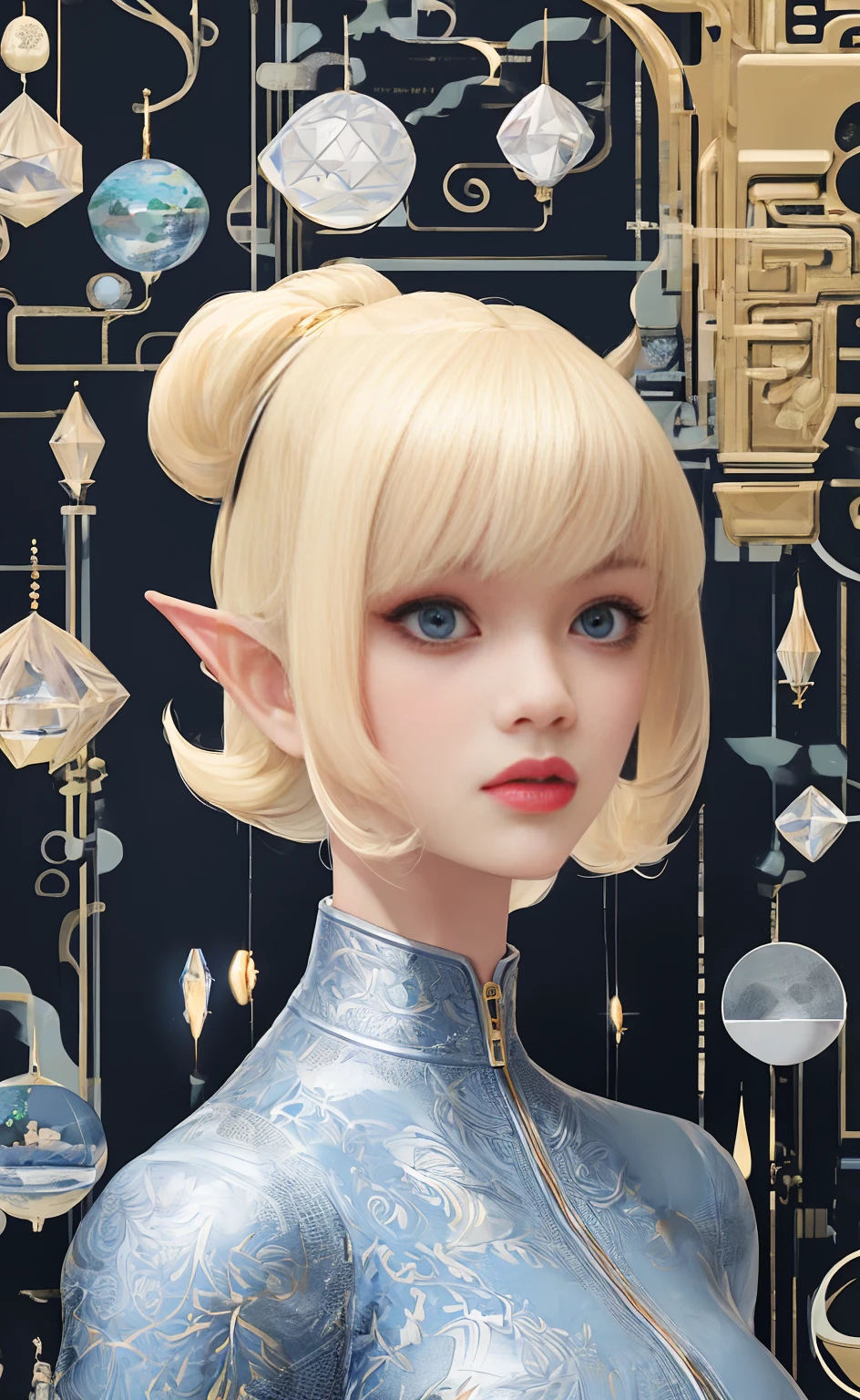 (masterpiece, best quality) detailed, silver accessories , zipper unzipped , blonde ,elegant, pointed ears ,Chinese style,cheongsam,whole body