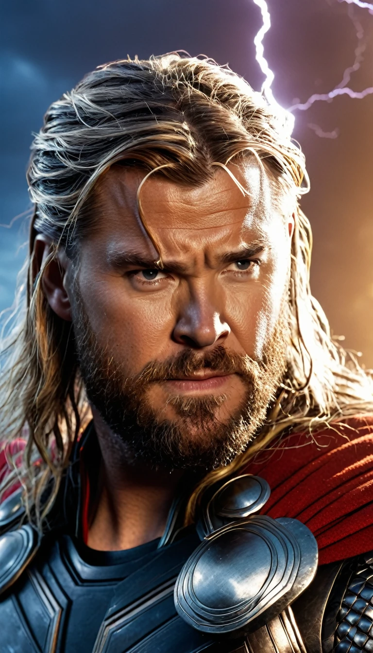 Marvel - Thor, close-up photo, brilliant lightning background, great battle to save the world, masterpiece, 8K, realitic