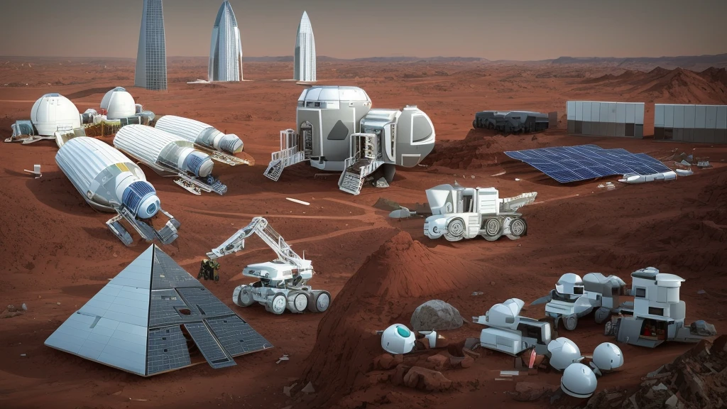 Mars base construction,There are high-rise buildings and ultra-modern houses,There are neatly arranged solar panels harnessing solar energy,There are huge 3D printers printing bricks in the form of red Lego bricks,There are transporters transporting bricks,Realistic,Don't use bells and whistles,The exterior of the house is close to the color of the soil,The proportion of changes in the original picture is small,4K