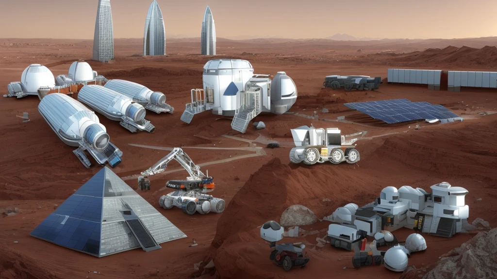 Mars base construction,There are high-rise buildings and ultra-modern houses,There are neatly arranged solar panels harnessing solar energy,There are huge 3D printers printing bricks in the form of red Lego bricks,There are transporters transporting bricks,Realistic,Don't use bells and whistles,The exterior of the house is close to the color of the soil,The proportion of changes in the original picture is small,4K