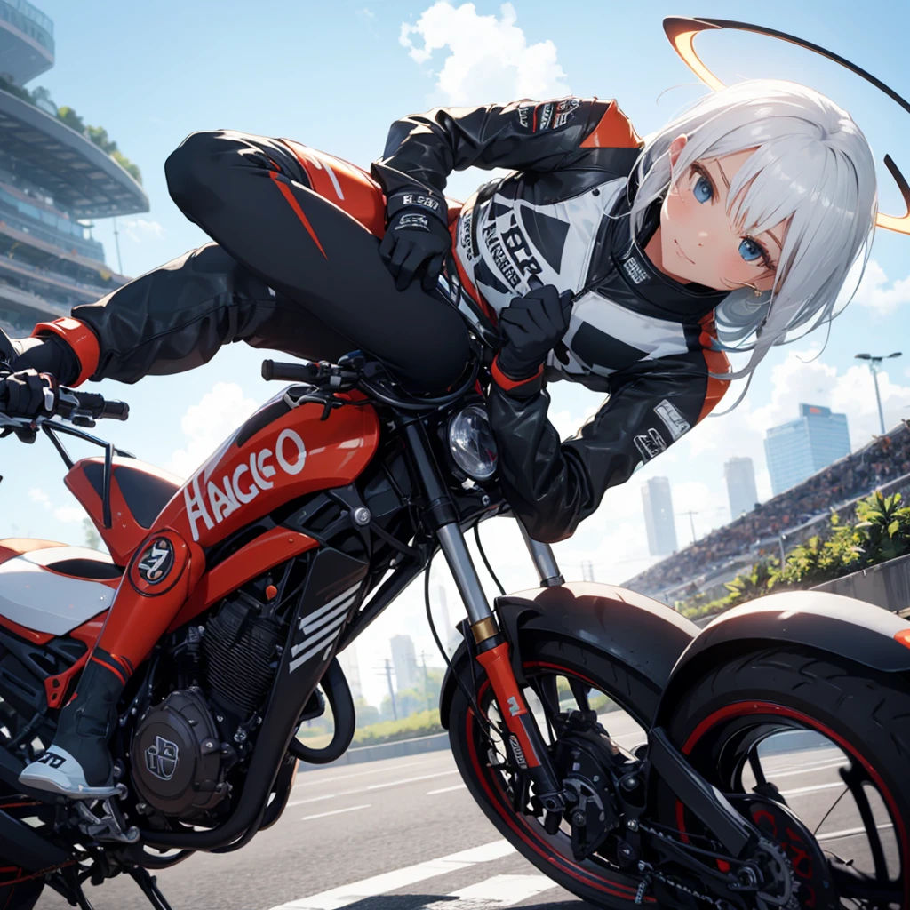 super cute face,cool,halo, racing suit with skirt,frilled racing glove,motorcycle,standing,