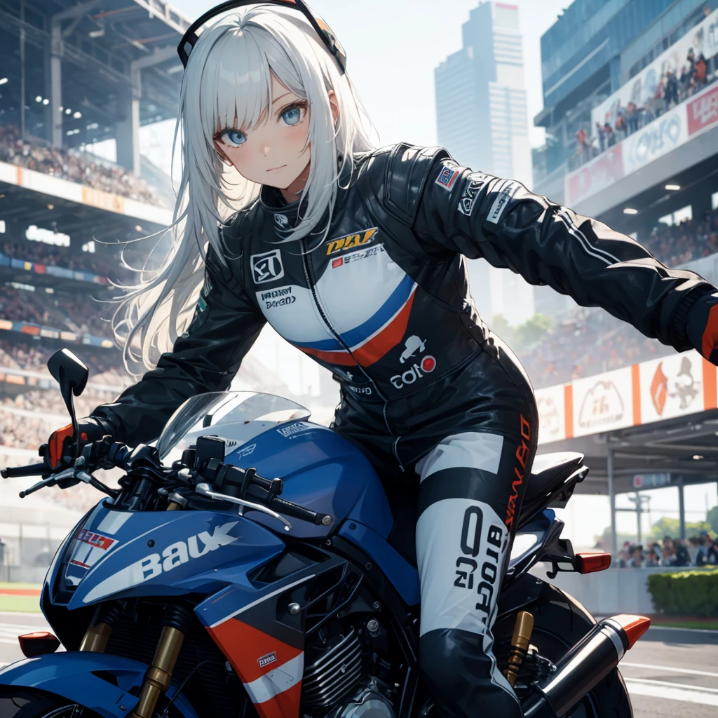 super cute face,cool,halo, racing suit with skirt,frilled racing glove,motorcycle,standing,