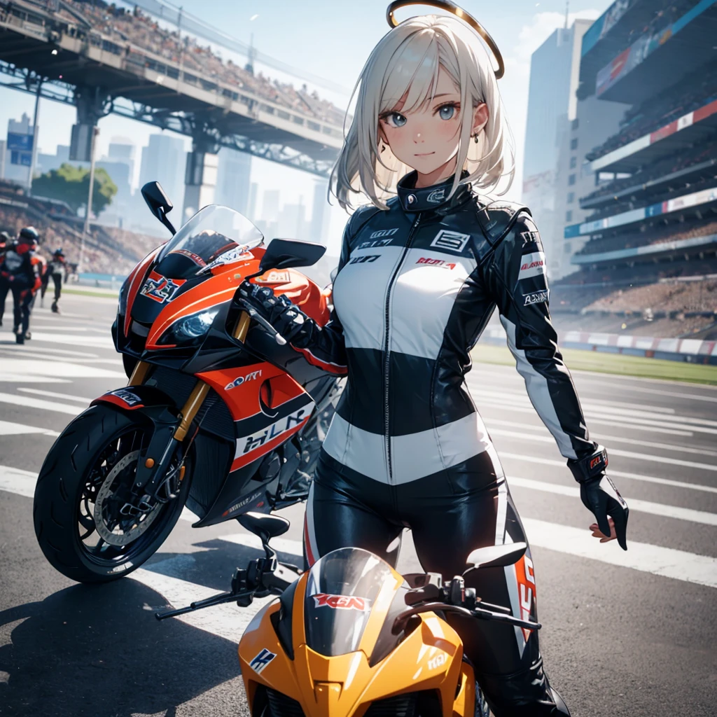 super cute face,cool,halo, racing suit with skirt,frilled racing glove,motorcycle,standing,