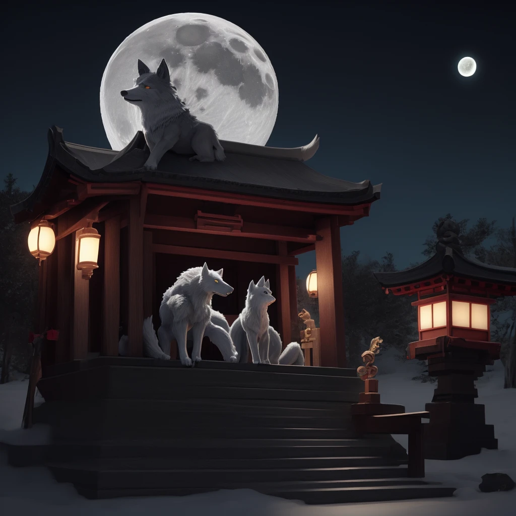 shrine、night、moon、Wolf