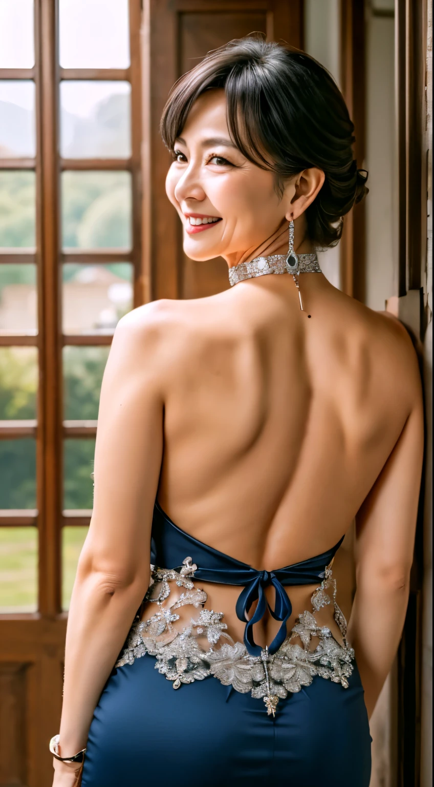 85 years old Mom MILF Korean, Lady large earring Big choker navel piercing decoration A bracelet Silver Hair realisitic Gorgeous Madame Beautiful Mature Woman sexy Smile Gentle woman navel piercing 4K High quality 後ろ姿