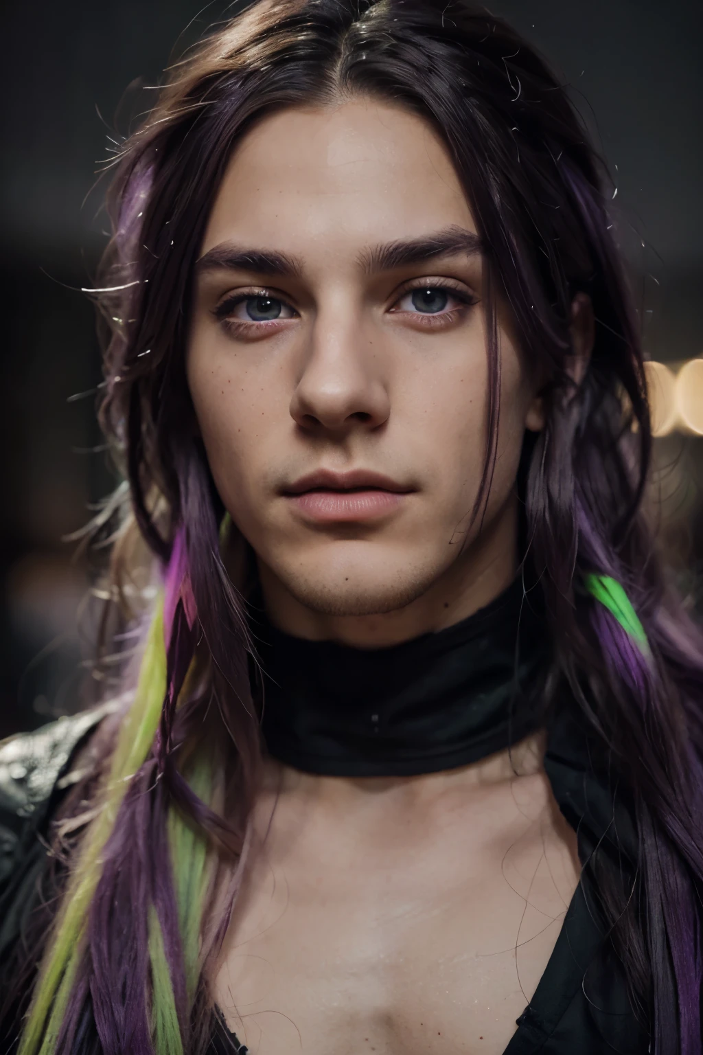 a detailed portrait of a young man with long purple hair with one neon green streak, dark grey eyes, beautiful detailed eyes, beautiful detailed lips, extremely detailed face, soft expression, cinematic composition, vibrant colors, dramatic contrast, photorealistic, 8k