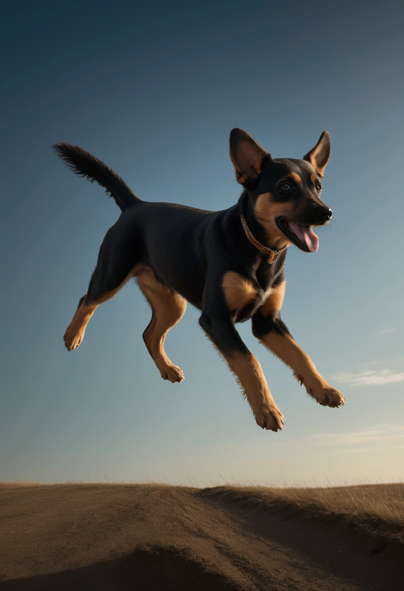 (Flying Puppy), sky, photography, untitled, in the style of dark black and (multi-colored), luminous shadows, flat figuration, high gloss, self-portrait, high detail, full body, award-winning, cinematic still, emotional, vignette, dynamic, vivid, (masterpiece, best quality, Professional, perfect composition, very aesthetic, absurdres, ultra-detailed, intricate details:1.3)