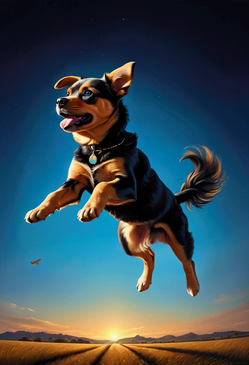 (Flying Puppy), sky, in Folk Art style, featuring (sky blue and sun yellow) traditional motifs, full body, award-winning, cinematic still, emotional, vignette, dynamic, vivid, (masterpiece, best quality, Professional, perfect composition, very aesthetic, absurdres, ultra-detailed, intricate details:1.3)​