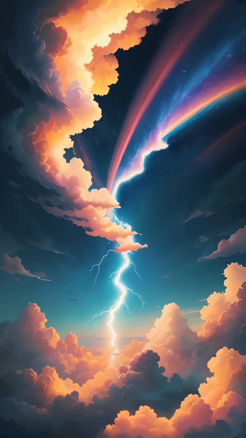 ((best quality)), ((masterpiece)), (detailed), A digital illustration of a rainbow lightning in a dark blue sky with small peach color birds flying in the background