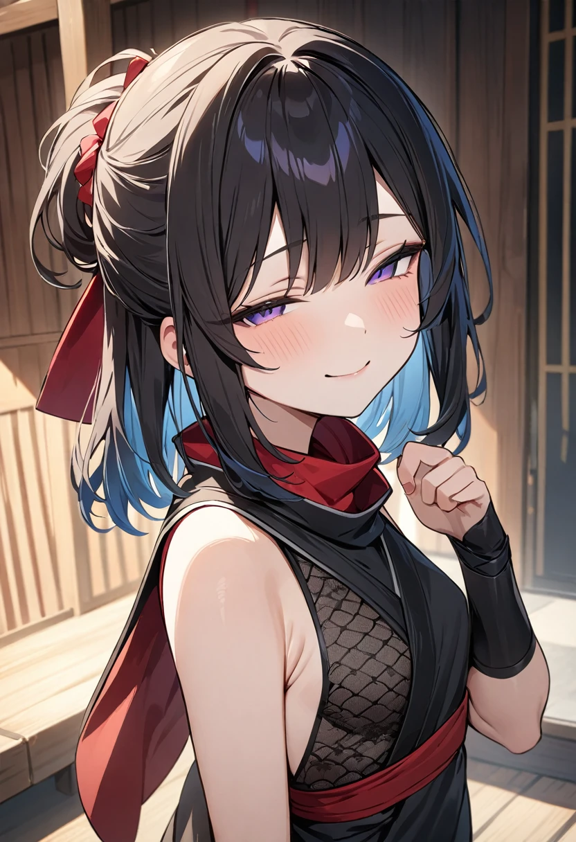 (masterpiece, top quality, very aesthetic, 4k、illustration), intricate detail, 1girl,Standing 、(upper body)、smile、(half closed eyes:1.3),Cute 、Random Hair Color、,middle hair,sidelock ,Random Color　eyes、ninja clothes、small breasts、Slim 、