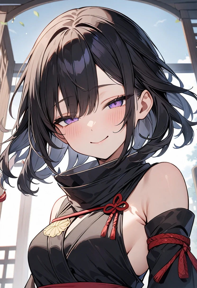(masterpiece, top quality, very aesthetic, 4k、illustration), intricate detail, 1girl,Standing 、(upper body)、smile、(half closed eyes:1.3),Cute 、Random Hair Color、,middle hair,sidelock ,Random Color　eyes、ninja clothes、small breasts、Slim 、
