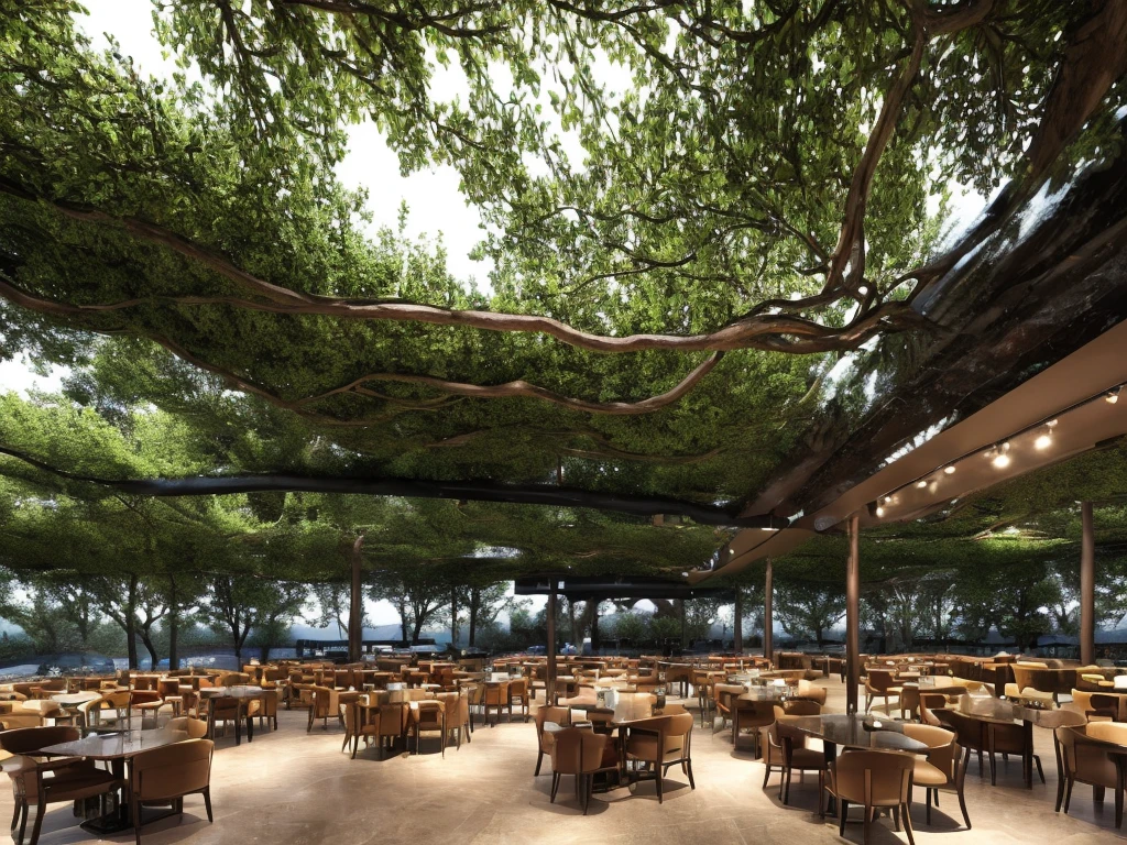 cafe restaurant, a music stage in a cave, big stage, tone white, spotlights, natural lighting, musical equipment, guitars, pianos, drum sets, trumpets, realistic, surreal,
Wide space, trees around, glass windown big, Realistic,Photorealism