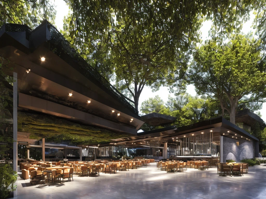 
cafe restaurant, a music stage in a cave, big stage, tone white, spotlights, natural lighting, musical equipment, guitars, pianos, drum sets, trumpets, realistic, surreal,
Wide space, trees around, glass windown big, Realistic,Photorealism
