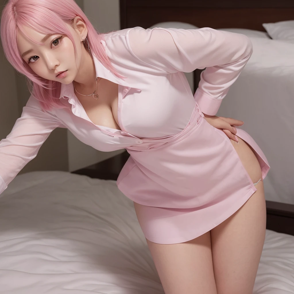  wearing a mini skirt and a dress shirt with light pink hair and a cute Korean face. She's bending over on a bed arching her back and you can see her panties under her miniskirt as well as her cleavage through her white dress shirt 