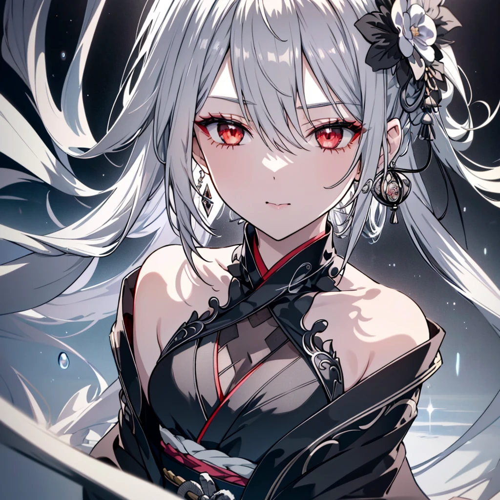 8k,High resolution RAW color art,Anime Art, (((Very detailed and cool))), Detailed skin, Blur、texture,(Exquisitely crafted, The finer details, Ultra-detailed art), (((1 girl))), Depth of written boundary, Silky Touch, Hyper Detail, (((Cool face))), eye shadow、Silver Marble Skin, Beautiful detailed red eyes, Beautiful lip detail, Very delicate face, Delicate depiction of hair and eyes, Detailed Fashion, Silver earrings,Silver Bracelet、Full body depiction, Black half top、(((Shoulder Bare)))、Black shorts、black waist cloak、black tights、 A little bit of grey hair, Straight Hair、Semi-long hair、(((Hair)))、water surface、silk clotheatte、Kimono style