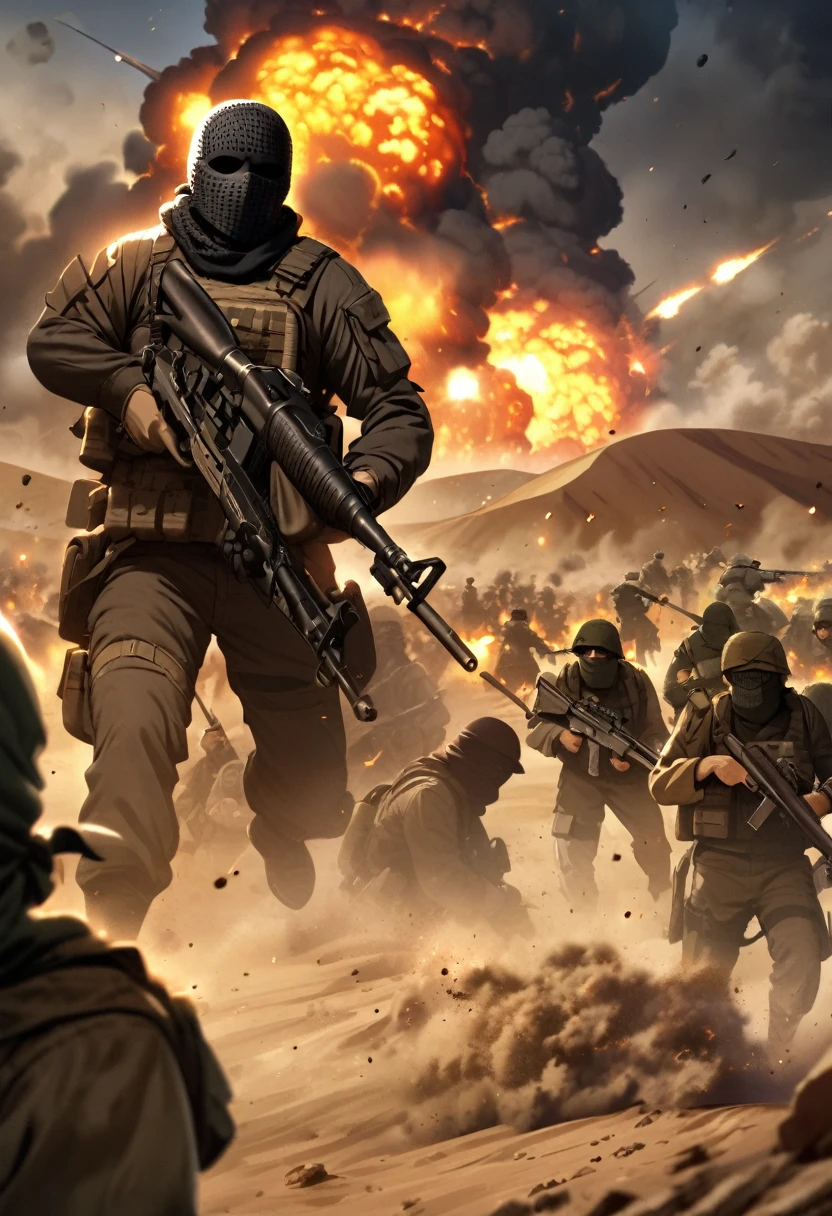 Terrorists, black balaclava, war, desert, night, blood, sandstorm, chaos, nuclear explosion