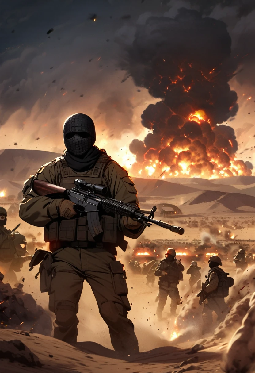  Terrorists, black balaclava, war, desert, night, blood, sandstorm, chaos, nuclear explosion 