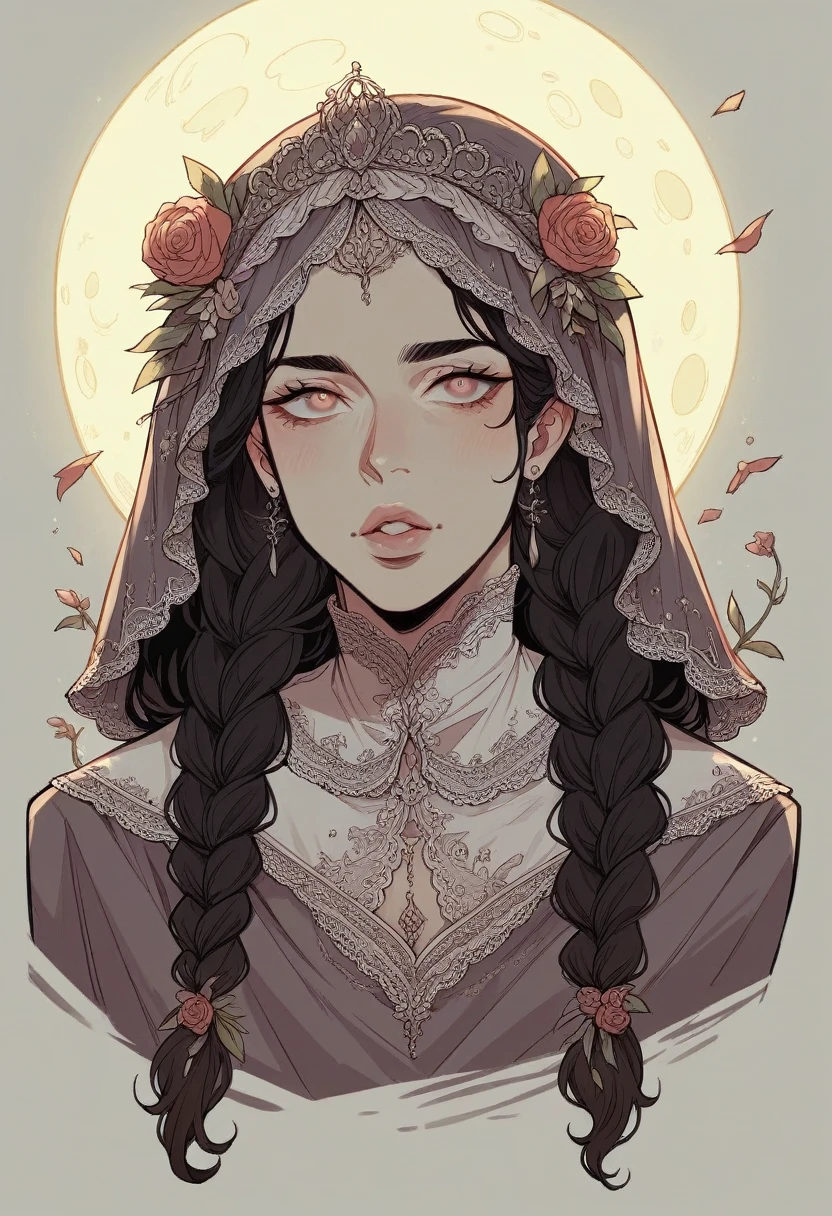 Digital artwork featuring a woman with fair skin and delicate facial features, including high cheekbones and full lips. She has long, dark hair styled in a lose braids, adorned with intecrate lace. She is wearing a white, lace trimmed veil and matching gown with detailed embroidery. The background showcases large glowing full moon, casting a soft light on the subject. The overall color palett