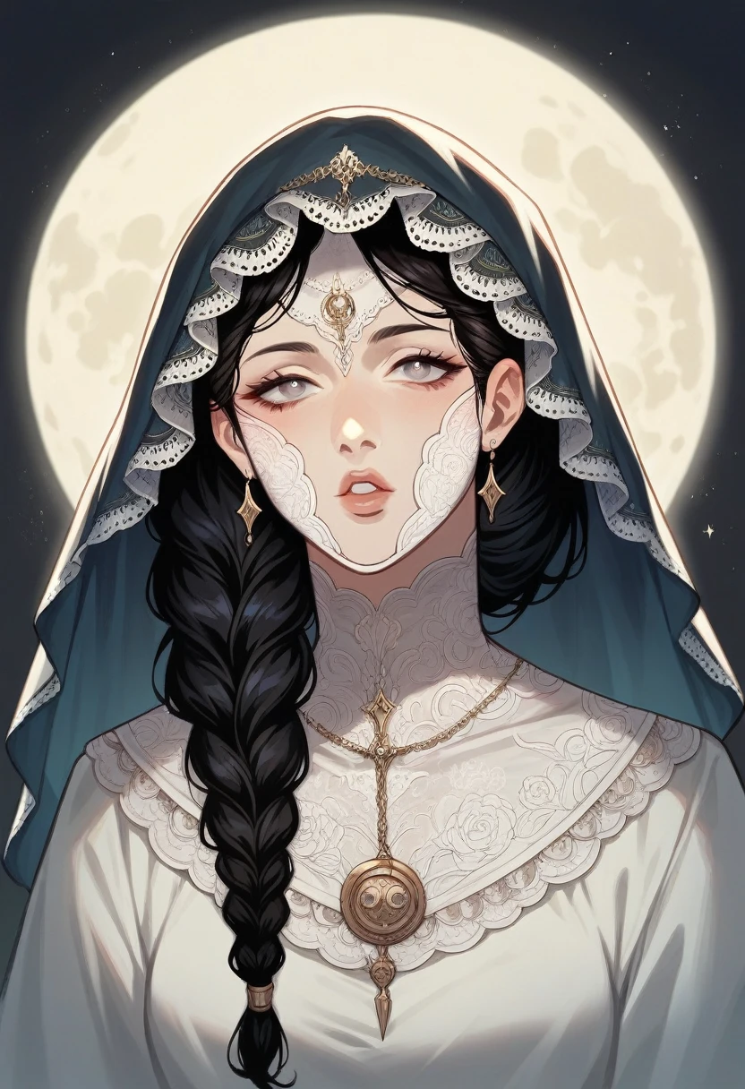 Digital artwork featuring a woman with fair skin and delicate facial features, including high cheekbones and full lips. She has long, dark hair styled in a lose braids, adorned with intecrate lace. She is wearing a white, lace trimmed veil and matching gown with detailed embroidery. The background showcases large glowing full moon, casting a soft light on the subject. The overall color palett