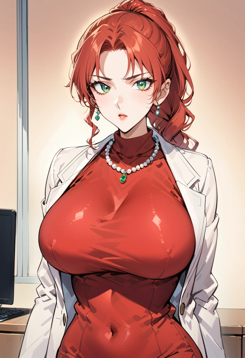 1 mature woman, light peach skin, big green eyes, red formal hair, pearl earrings, pearl necklace, sexy, hourglass shaped body, wearing white crop top, wearing blue tight mini dress, at the office, seductive, voluptuous curvy woman, open jacket, big chest
