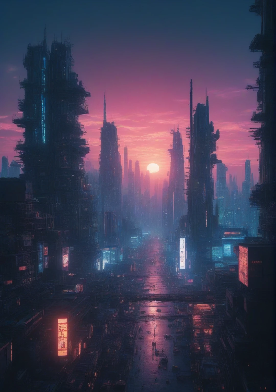 Extremely hot summer,cyber punk,Local metropolis,landscape,Backlight (masterpiece:1.2) (Highest quality) (detailed) (Complex) (8k) (High resolution) (wallpaper) (Cinema Lighting) (Sharp focus)
