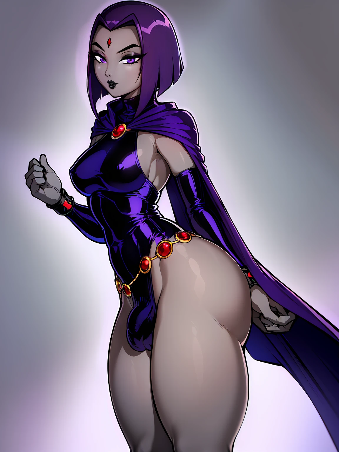 (solo:1.1),(masterpiece), (best quality:1.3), ultra detailed, intricate, (nice hands:1.6), professional art, digital art, absurdres, shadraven, (Full body view:1.1), 1girl, solo, (grey skin:1.4), dark purple hair, bob hair, purple eyes, hips wider than shoulders, pear shaped body, jewellery, detailed thighs, thick thighs, red jewel in forehead, jewels, (long sleeved turtleneck leotard:1.3), cuffs, small breasts, (shadraven cloak), (Shadraven broach:1.2), Shadraven jewel belt, Shadraven wearing a long sleeved leotard, long legs, ( long crotch bulge:1.4), large penis, large testicles, side view, looking at viewer, bubble butt , gluteal crease, universal lighting,,