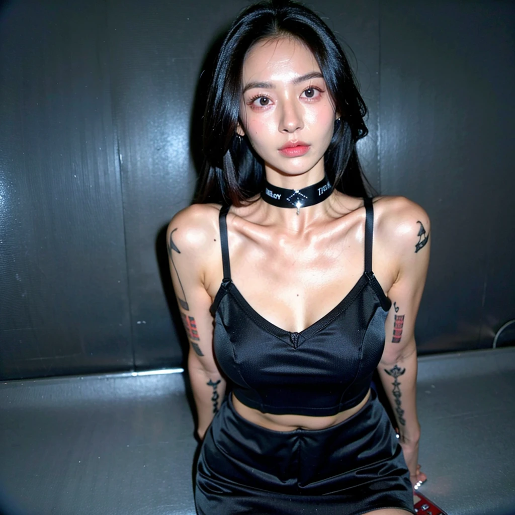 best quality, ultra high res, (photorealistic:1.4), unique faces, pretty girl, bra shirt, black tight skirt, black choker, (faded ash gray hair:1), medium breasts, looking at viewer, closeup, (pretty face) , (west girls) , (RAW photo, best quality,high quality,highres), (realistic, photo-realistic), ultra-detailed, (front lighting).