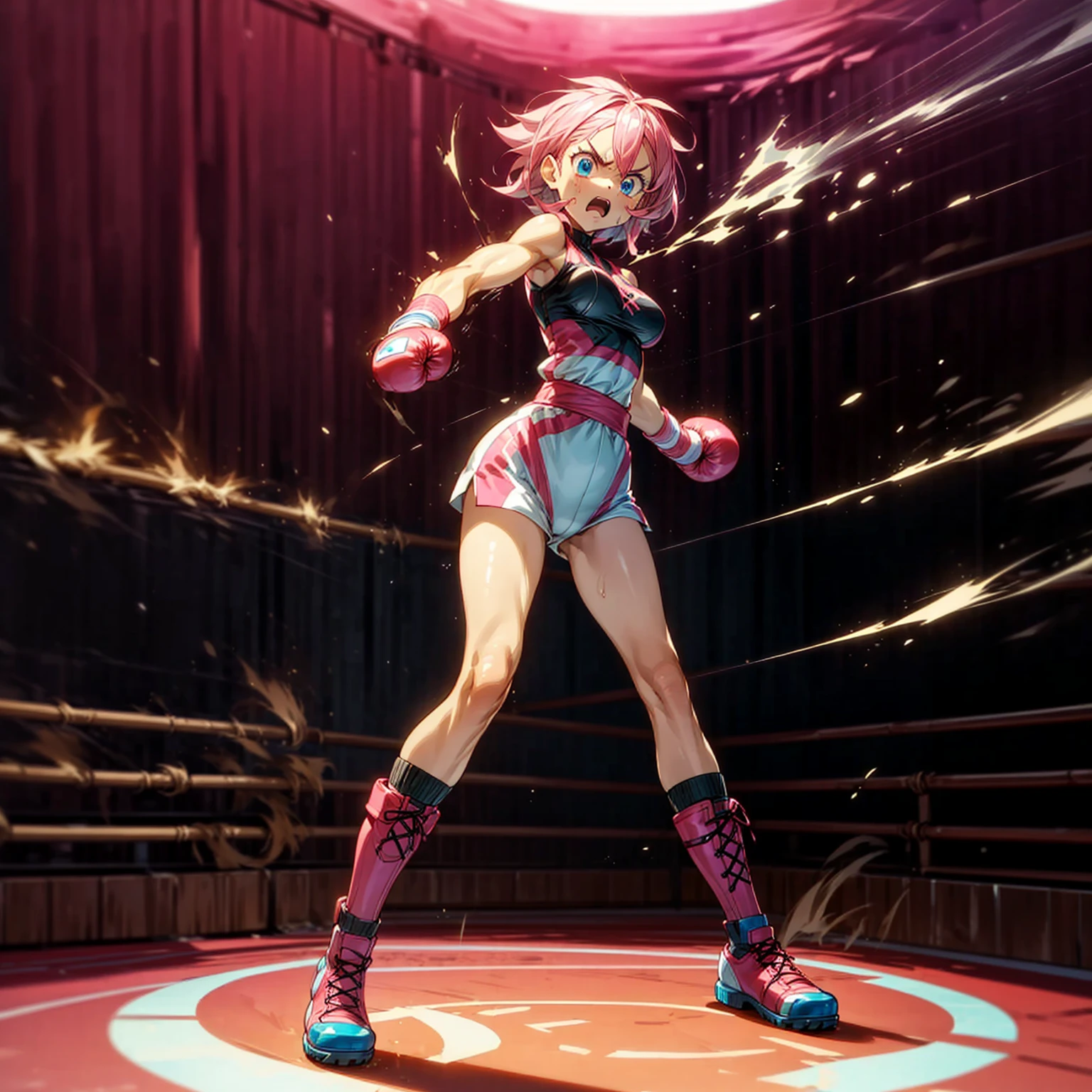 1girl, big muscle, Full body version, 1character, blue eyes, short haircut, pink color hair, boxing style outfit, Boots, Grassroots, full background in ring boxing, motion blur, light, (Hunter x Hunter style art), standing gesture, Boxing gloves, smoke effect, fire effect, angry, angry eyes, fire on background, high angle view 