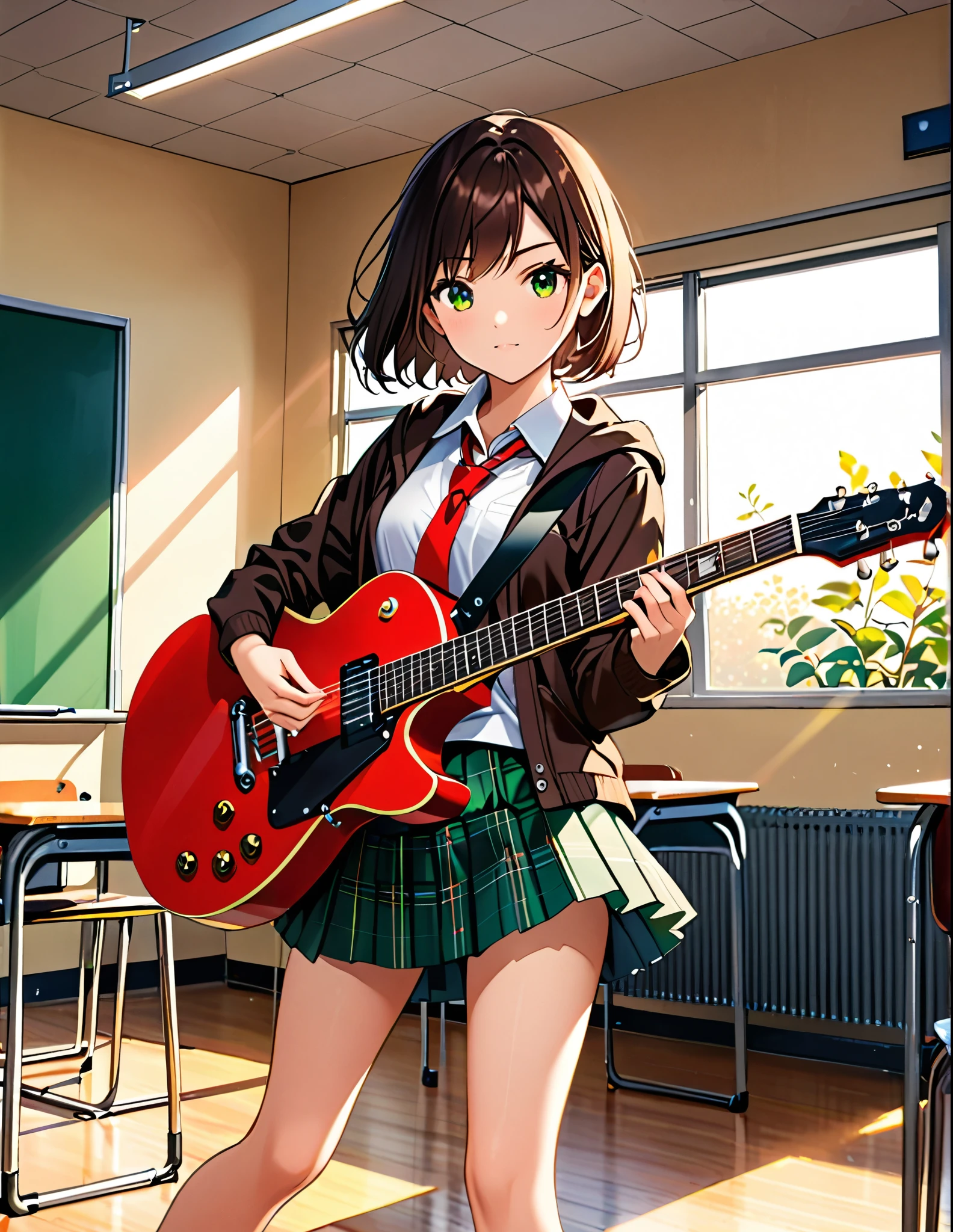 1girl, high school student, dark brown hoodie jacket, white shirt, red ribbon bow necktie, pleaded skirt, miniskirt, bare legs, black socks, brown shoes, jet black hair, short hair, green eyes, beautiful detailed eyes, beautiful detailed face, cute face, medium breasts, age 16-18, solo, solo focus, (playing guitar, electric guitar), classroom backdrop, warm lighting, empty classroom