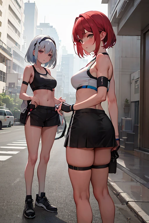 a beautiful young woman with tan skin, shy expression, wearing a sports bra and short skirt, with protruding nipples and a baby face, blushing, standing on a city street, 2 girls, high resolution, best quality, detailed, colored hair
