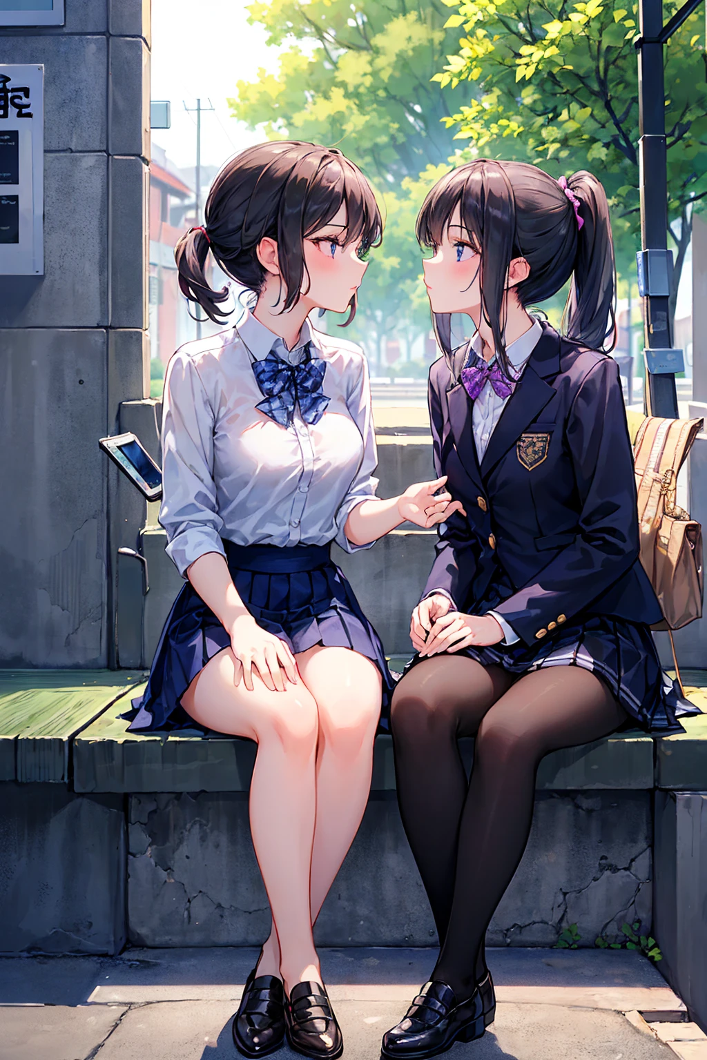 ((Highest quality)), ((masterpiece)), (detailed), Perfect Face, Beautiful Face, Highest quality, ultra expensive resnatural light, Glowing Skin, detailed skin, detailed face, detailed eyes, (2 girls), ((Two girls staring at each other)), French kiss,A girl with black straight hair and a girl with a pink ponytail, Japanese expensive school girl, expensive , Blazer and checkered skirt,Small breasts,((Highest quality)), (非常にdetailedな), (High-definition CG synthesis 8K wallpaper), expensively detailed, expensive-definition raw colbor photos, Professional photography, Written boundary depth,French kiss,