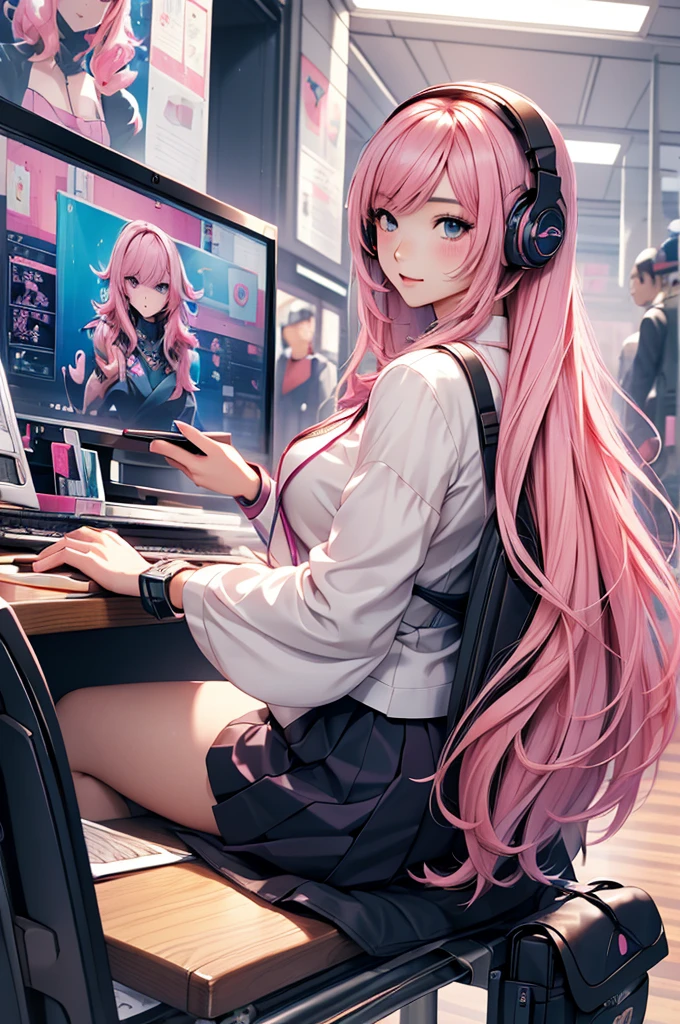 Japanese beautiful school girl,pink hair,black purple cat,smart phone,camera,headphones,tape recorder,Luxury brand fashion、machines,computer,l,2020s surrealism fashion anime illustration,super realism,avant-garde painting