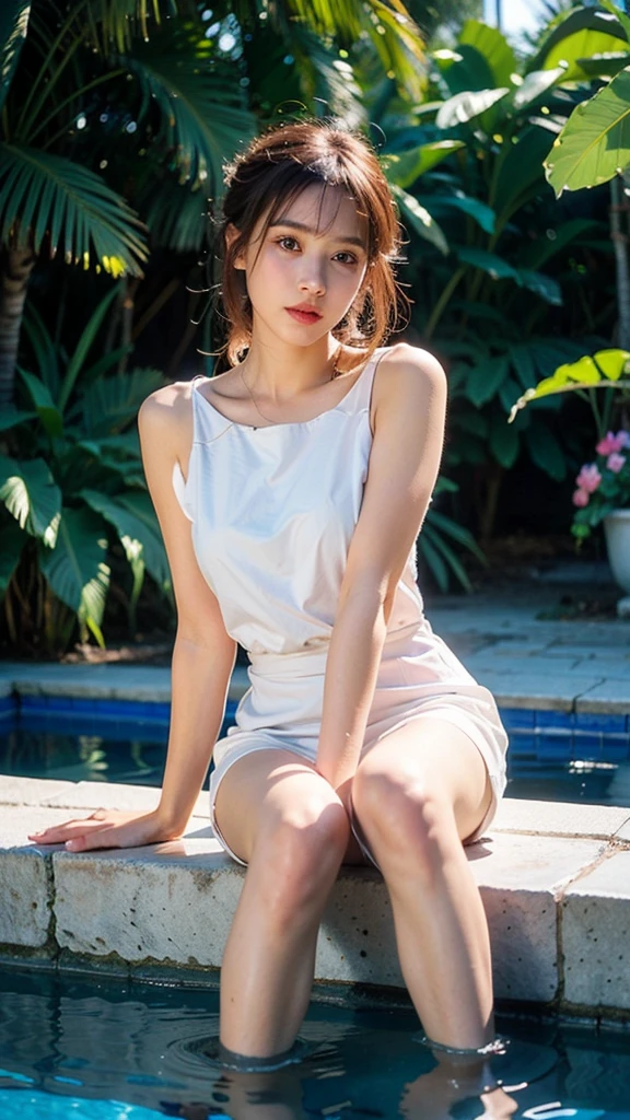 (Masterpiece :1.2), super-detailed, (realistic, realistic, realistic :1.37), mature woman, perfect body, full body, sundress, dress, blouse, pool, detailed facial features, beautiful complex eyes, elegant expression, elegant pose, golden moment lighting, warm colorful tones, lush tropical foliage, reflections in water, A seamless blend of realism and Impressionism, (best quality, 4k,8k, high quality :1.2), A pair of long, shapely legs and smooth, silky skin reflected softly in the light. Dainty ankles, petite feet. Spread your legs slightly apart to create an inviting pose