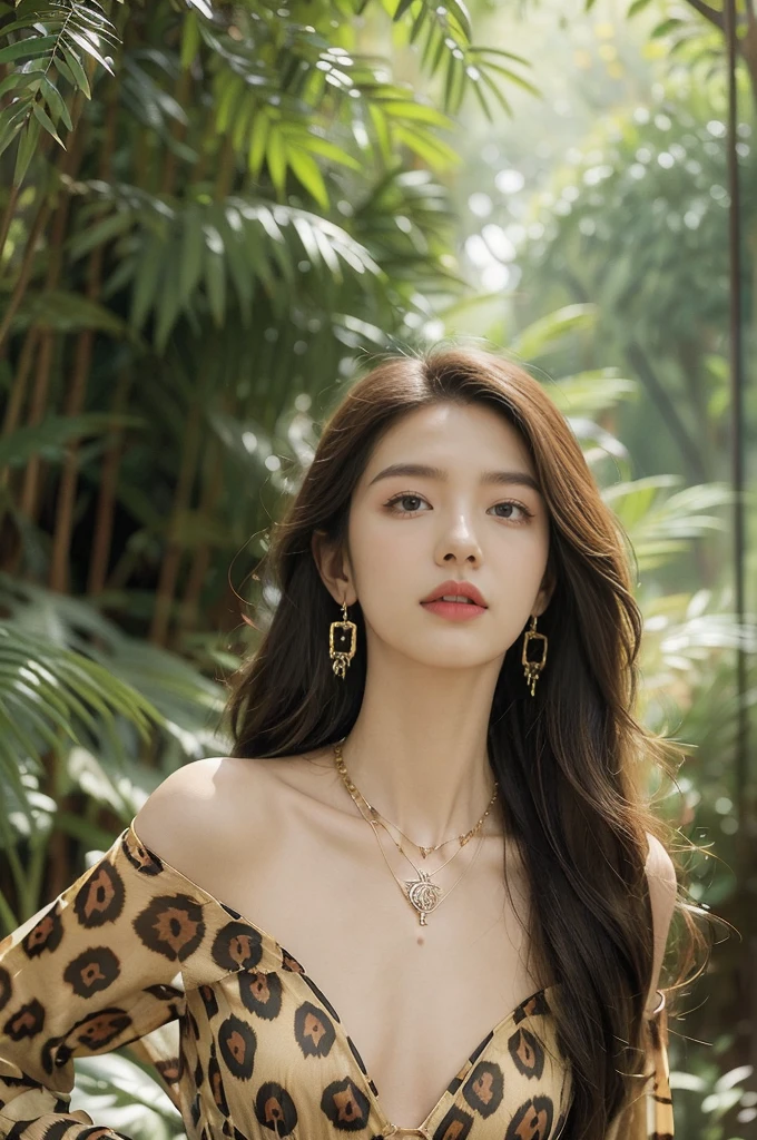 (((best quality))),(((ultra detailed))),(((masterpiece))),illustration,((1 beautiful girl,solo)),(shoulder length messy hair:1.2),((Beast bone earrings and necklace)),((slim,thin)),((small breasts,flat chest)),(slender legs:1.2),fair complexion,(leopard print dress:1.3),seductive,wild spirit,lush forest,primitive,tall trees,green canopy, sunlight filter,scent of earth,bird chirping,small creatures,secluded spot,captivating,enigmatic,raw energy,untamed spirit,morden day Eve,Garden of Eden,playful,adventurous,striking appearance,exotic setting,summertime,heat,humidity,vibrant colours,endless possibilities,exquisite detail,expansive wilderness,feminine allure,((from front,upper body))