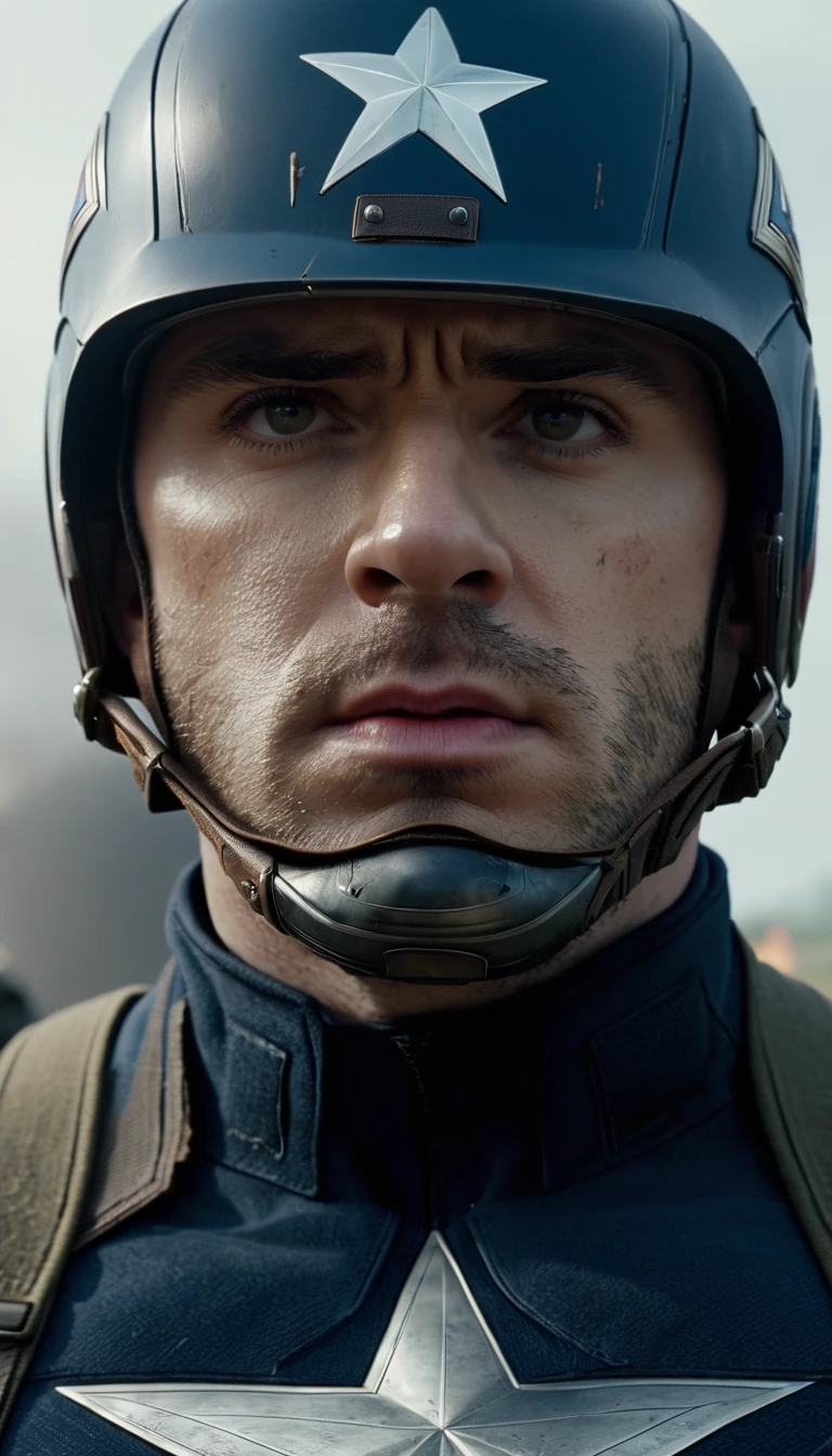 Marvel - Captain America, close-up photo, bomb battlefield scene, great war to save the world, masterpiece, 8K, realitic