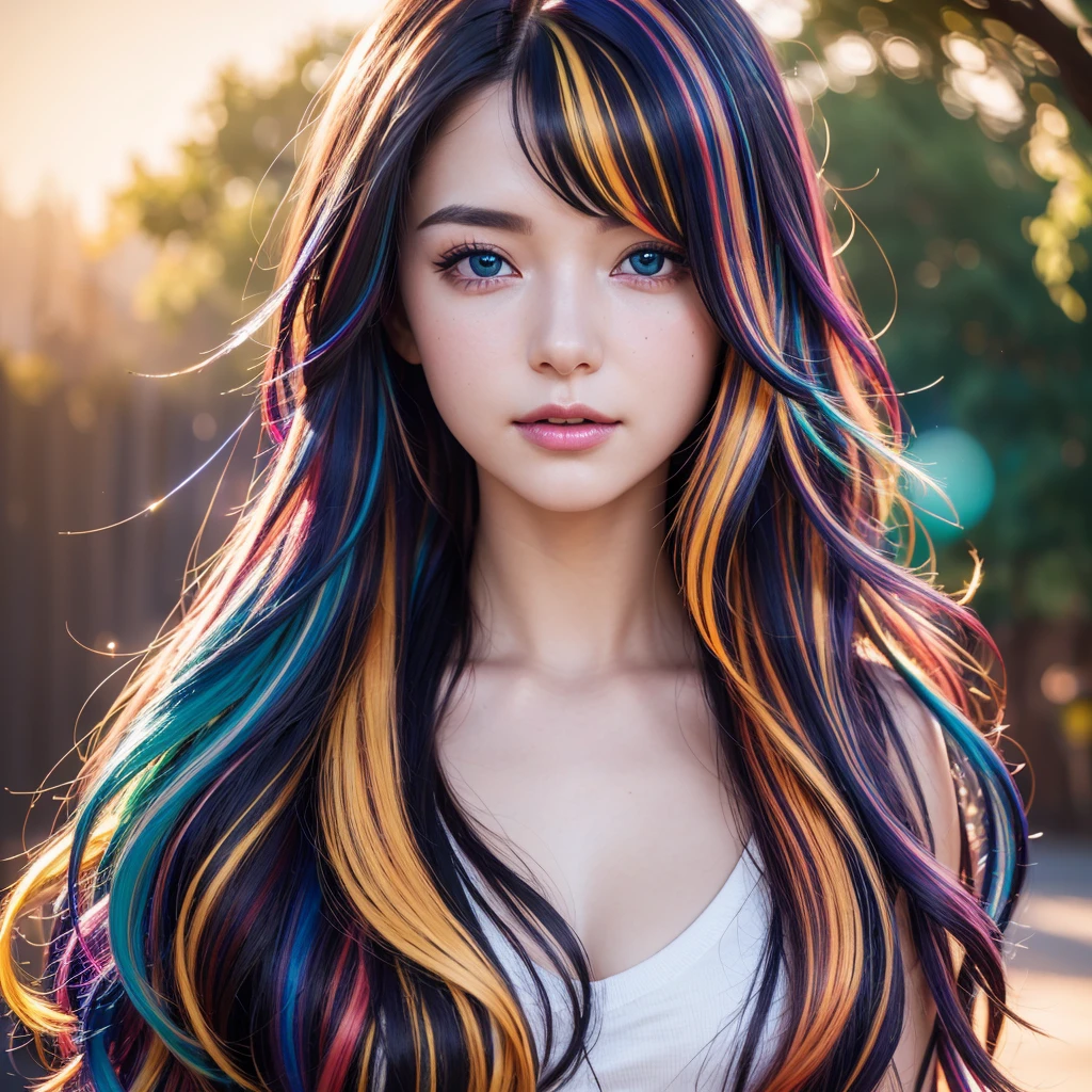 {{masterpiece}}, highest quality, Highly detailed CG Unity 8K wallpaper, cinematic lighting, Lens flare, beautiful detailed eyes, black, side line, multi-colored hair, colorful light, particle, heterochromia, (colorful:1.5), (colorful hair:1.5),