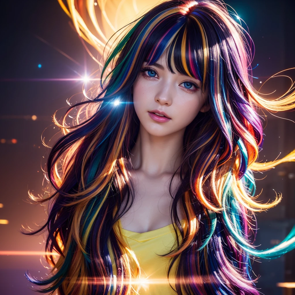 {{masterpiece}}, highest quality, Highly detailed CG Unity 8K wallpaper, cinematic lighting, Lens flare, beautiful detailed eyes, black, side line, multi-colored hair, colorful light, particle, heterochromia, (colorful:1.5), (colorful hair:1.5),
