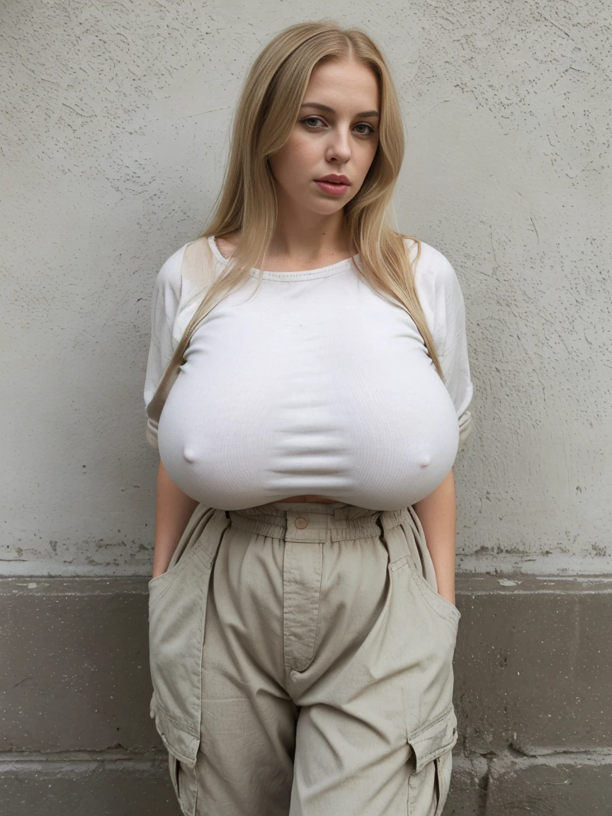 1 girl, solo, American British woman, Old woman, full body, in a comfortable outfit. She’s wearing a loose shirt, the fabric soft and breathable, paired with cargo pants. The pants are a deep khaki, the material sturdy and filled with pockets for all her photography gear. She’s in a beautiful location,, (((50 years old woman))), (mother), (((wrinkles))), ((blonde)),(((Large clothed))), ((fair pale skin)), ((curvy body)), ((huge boobs),((American women)), ((big plump lips)), ((small lean waist)), ((long hair)),