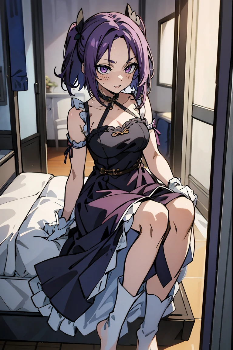 (masterpiece:1.2), (high quality:1.2), reo mikage, blue lock, girls with((1girl, solo, purple hair, (medium hair, right swept bangs, one side up:1.55), bare shoulder, blush, breasts, black sleeves, gloves, choker, cleavage, cowboy shot, collar, collarbone, rosary, rosary choker, cross, white clothes, blouse, sleeveless, neck ribbon, big ribbon, cheongsam, cinderella dress, long dress, frill pannier, leggings, boots, sandals, bare feet)), background with((bedroom, room:2.0))